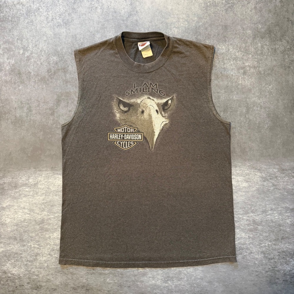 Vtg Harley Davidson Indianapolis Eagle I Am Smiling Muscle Tank Top Mens L Gray